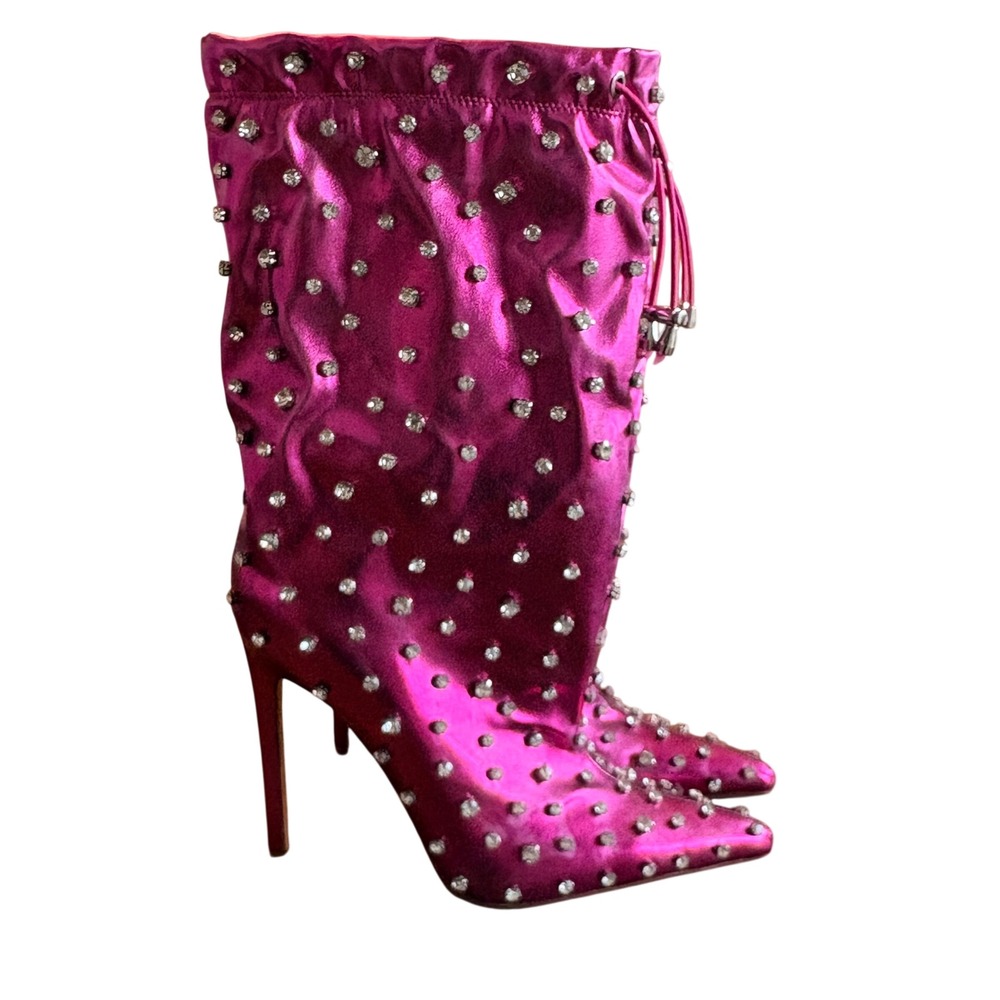 Azalea Wang Metallic Rhinestone Slouchy Stiletto Boots Pointed Toe Pink 7.5 Glam